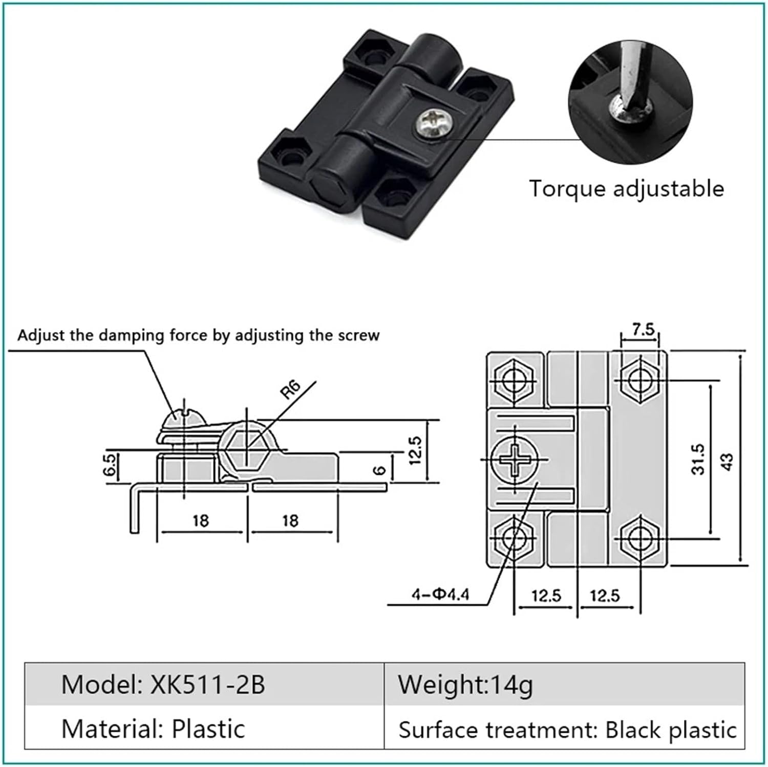 Black Plastic Adjustable Friction Positioning Torque Hinge 1Pcs(XK511-2B)