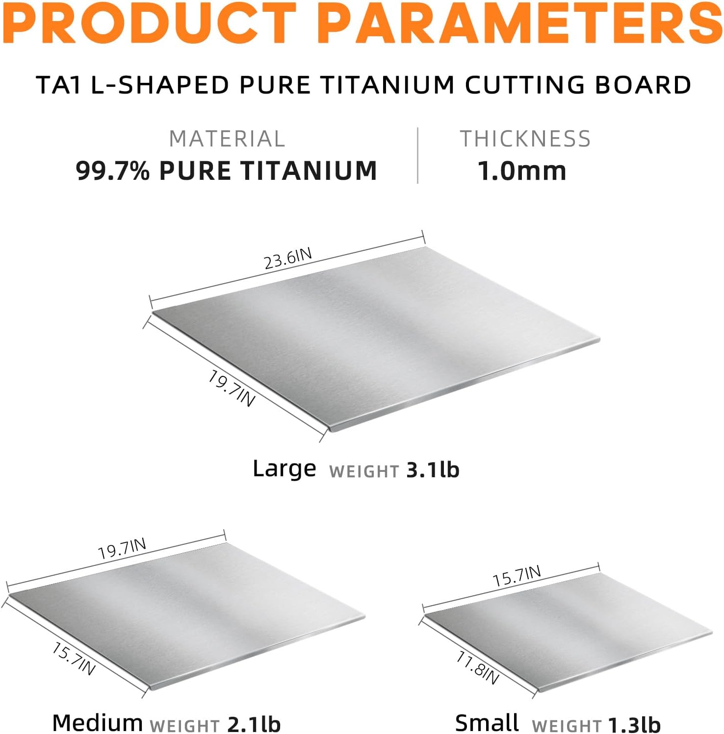 Pure Titanium Cutting Board, Silver, 99.7% Titanium, L-Shaped with Lip, Multiple Sizes, Long Lasting Kitchen Prep Board (Medium)