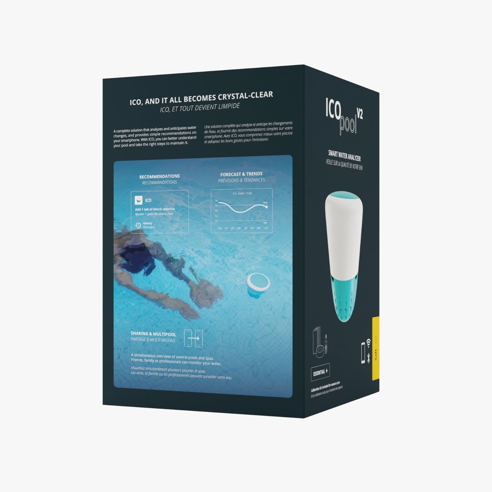 Ondilo ICO Pool V2 Essential+ Sel - Analyseur d'eau électronique pour piscines traitées au sel - Mesures toutes les heures pH, ORP, TDS et température de l'eau - Kit de calibration inclus