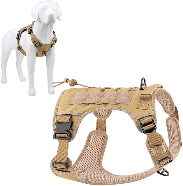 Plutus Pet Tactical Dog Harness, All Metal Buckles, No Pull Service Dog Vest with Handle, Adjustable Military Dog Harness with Hook & Loop Panels, for Small Medium Large Dogs, Khaki, S