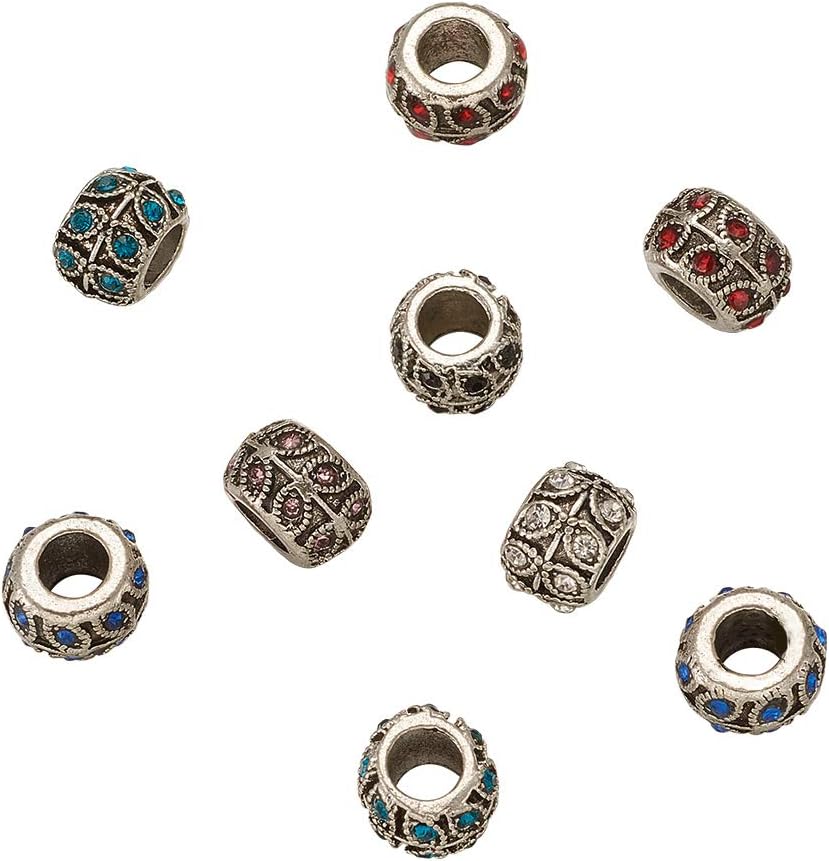 Craftdady 50Pcs Antique Silver European Barrel Beads with Mixed Colors Rhinestone 10-11x9mm Large Hole Tibetan Metal Spacer Charm Beads for Jewelry Making