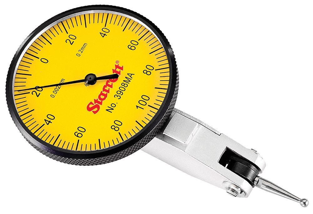 Starrett 3909MA Dial Test Indicator with Dovetail Mount and 2 Attachments, 40mm Yellow Dial, 0.8mm Range, 0.01mm Graduation