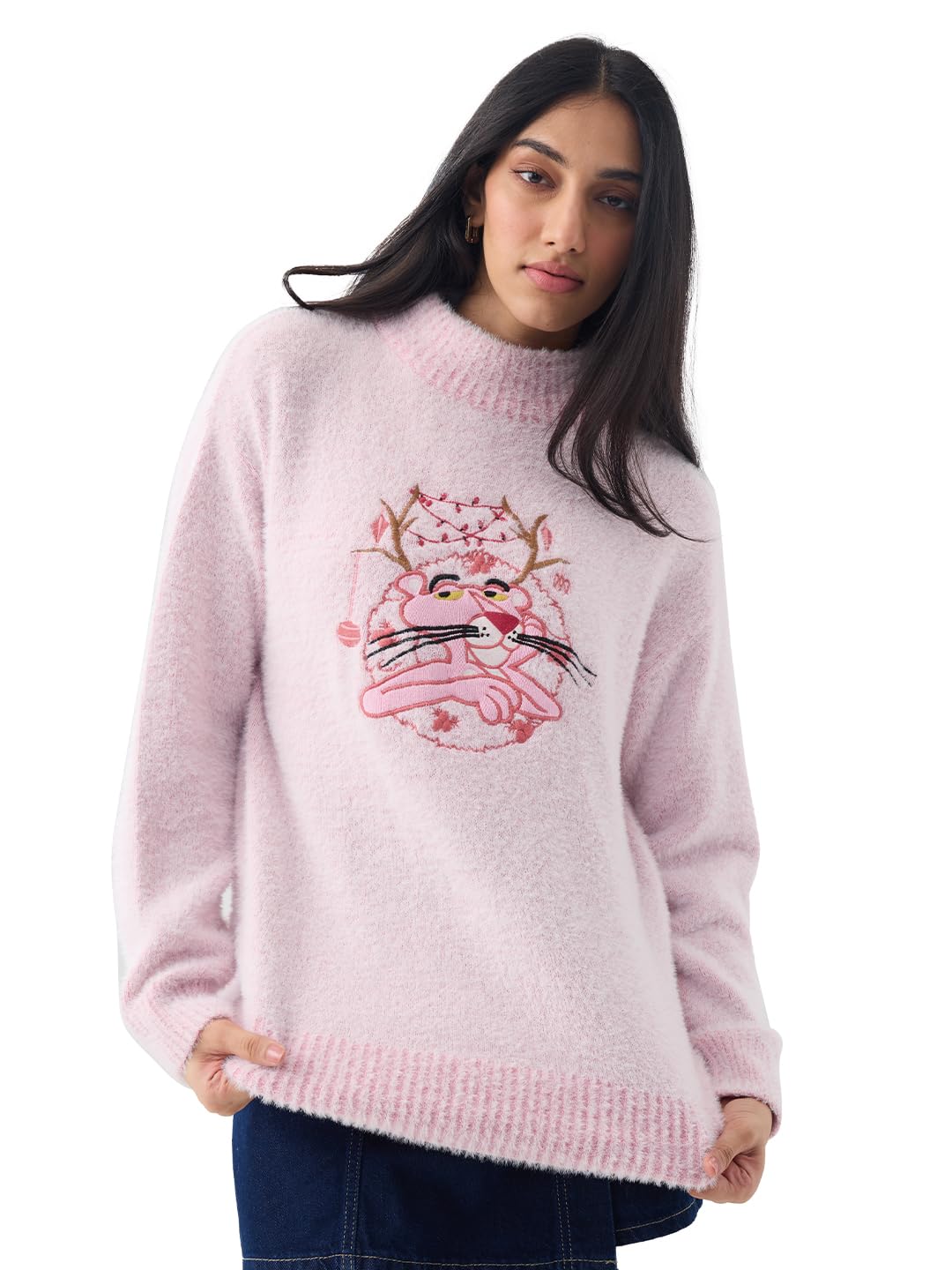 the souled store Pink Panther: Christmas Women and Girls Full Sleeves Mock Neck Light Pink Embroidered Animal Graphic Nylon Acrylic Blend Oversized Fit Casual Pullover Sweater-picture-19