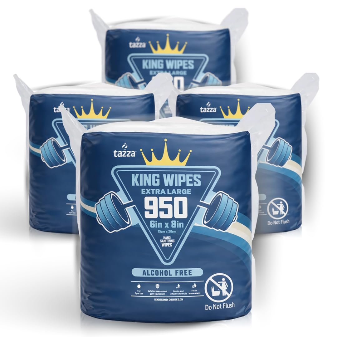 Tazza Gym Equip Wipes, 4 x 950 Count (3800 Total Wipes) - Durable, Pre-Saturated Gym Equipment & Surface Cleaning Wipes