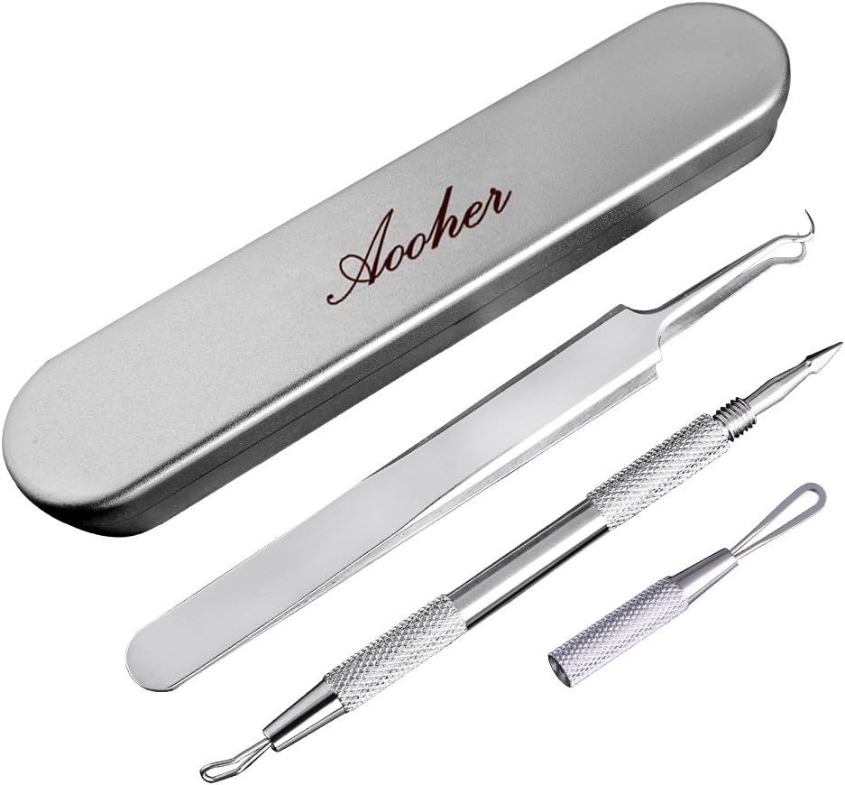 Blackhead & Acne Remover Tool, Aooher Professional Stainless Steel Whitehead Pimple Curved Tweezer Extractor with Storage Box