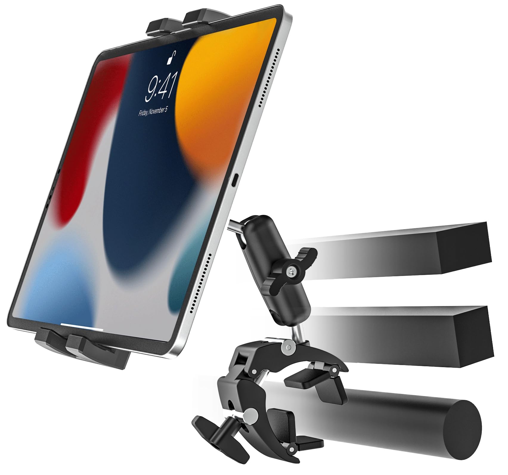 Support Tablette Guidon Trottinette Poussette Moto [Compatible avec Différents Pôle Tubes] Porte Tablette Vélo Bateau avec Pince Métallique pour iPad, Galaxy Tab, Kindle, Fire, Telefono, 4-13"