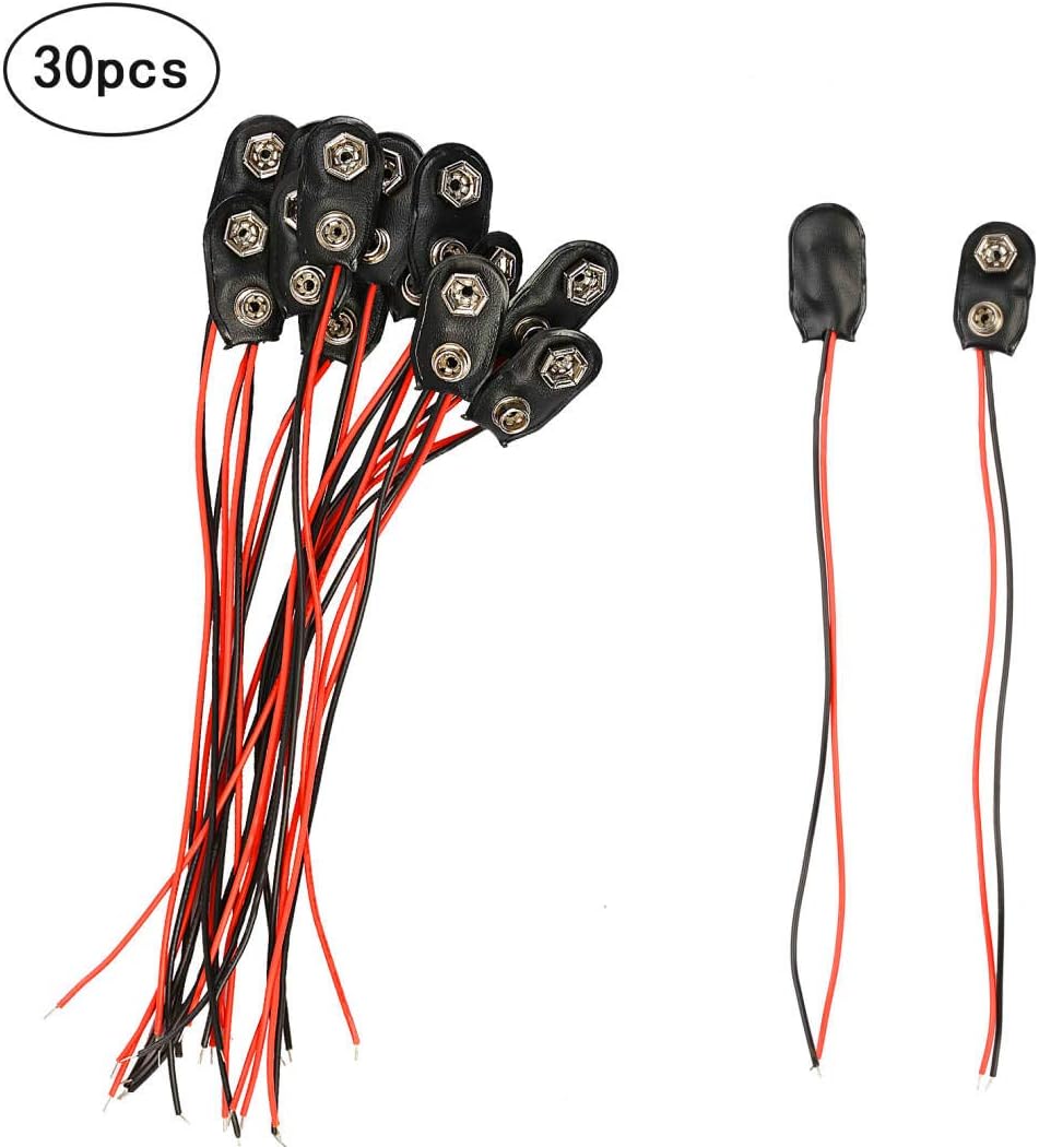 30Pcs Battery Clip Connector buckle,MEZOOM Cable Connection with Electric Tape Faux Leather I Type Black Red Short Cable For 9v Battery