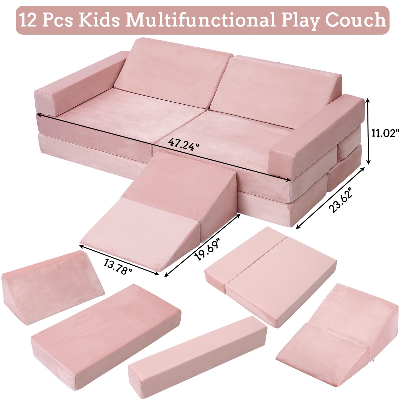 Garvee Canapé de Jeu Évolutif pour Enfants 12 Pièces, Piscine à Balles Carrée et Toboggan, Meuble en Mousse pour Construire des Cabanes, Jeu Créatif, Motricité, Salle de Jeux, Rose