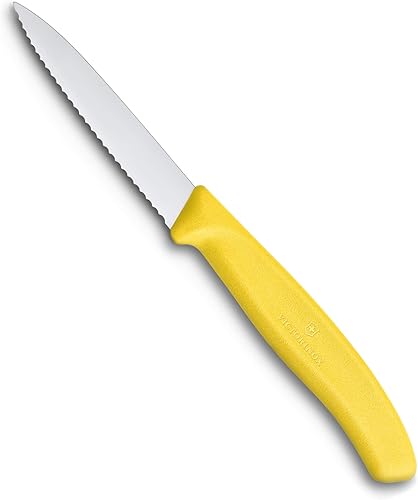 Victorinox 6.7636.L118 Cuchillo de pelar clásico suizo para cortar y preparar frutas y verduras de hoja dentada en amarillo, 3.1 pulgadas