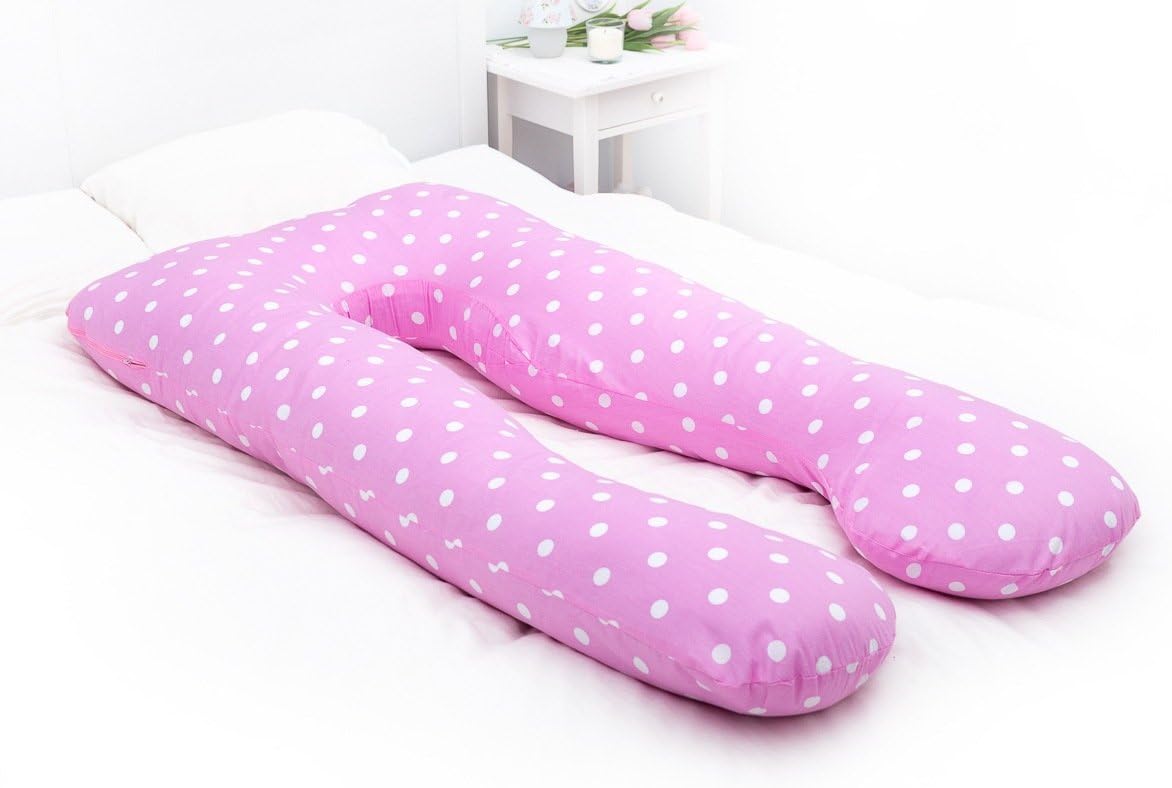 Pregnancy Body Pillow. Maternity Pillow for Sleeping, Relaxing. Pregnant Women Pillow, U Shaped Full Body Support Pillow Pink Color with White Dots.