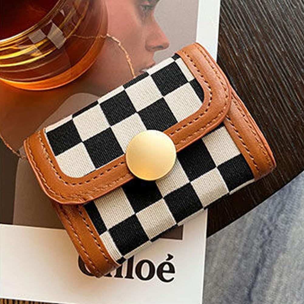 Leheybia 1 Pcs Checkered Wallet Checker Card Bag Card Holder Wallet Card Holder Wallet Wallet for Woman(Coffee, Black And White) (Coffee) - Image 4