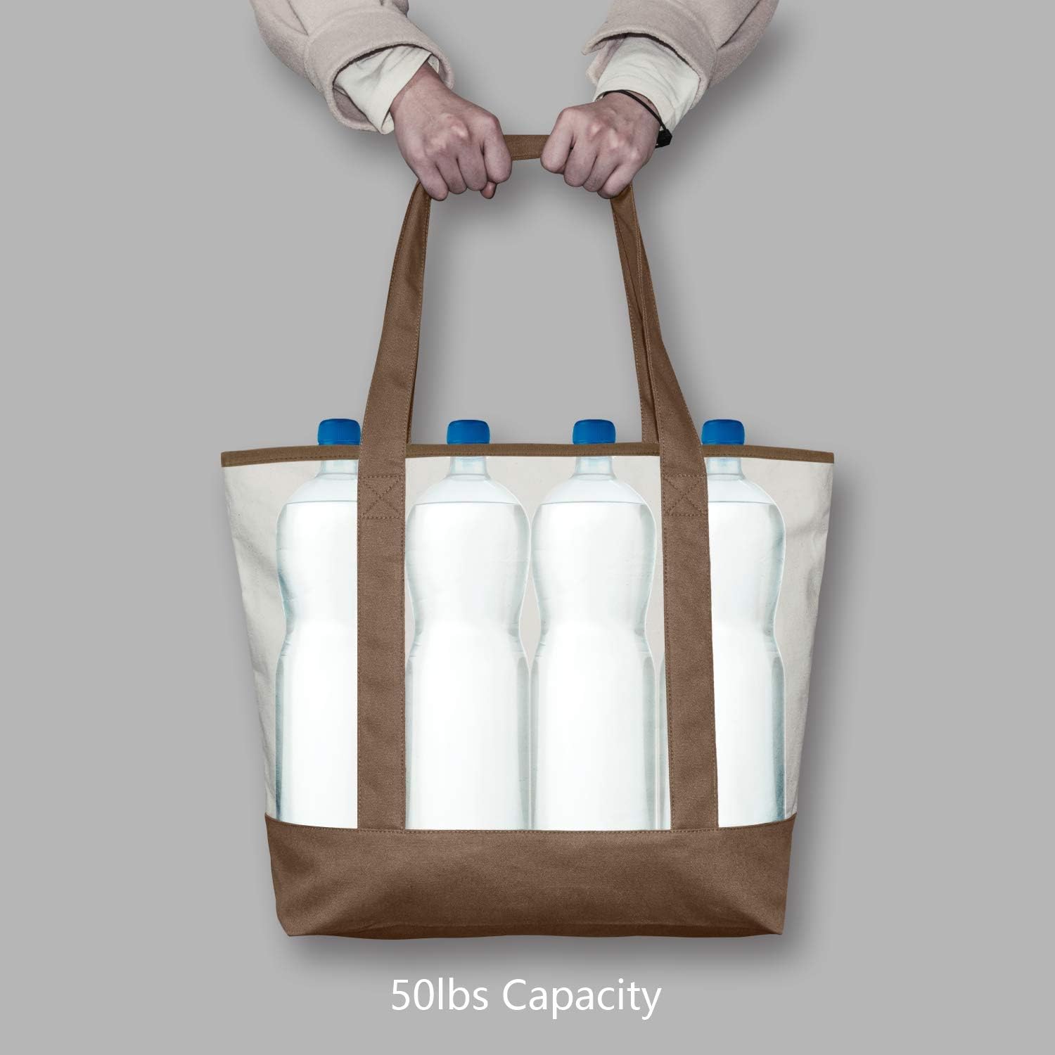 TOPDesign Stylish Canvas Tote Bag with External & Internal Pockets, Open Top, Daily Essentials (Brown/Natural)