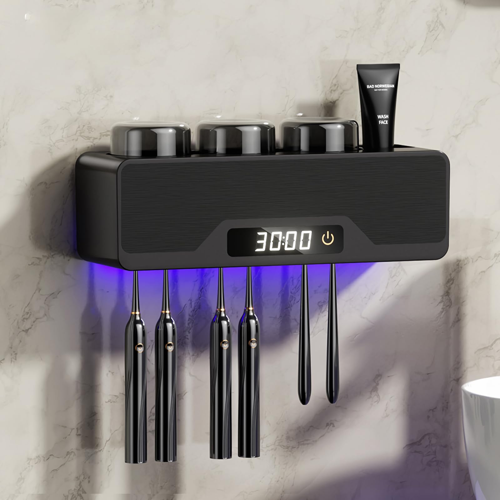 Soporte para cepillos de dientes para baños, recargable, inalámbrico, montado en la pared, soporte para cepillo de dientes eléctrico de 3 tazas, decoraciones de moda de baño (negro)
