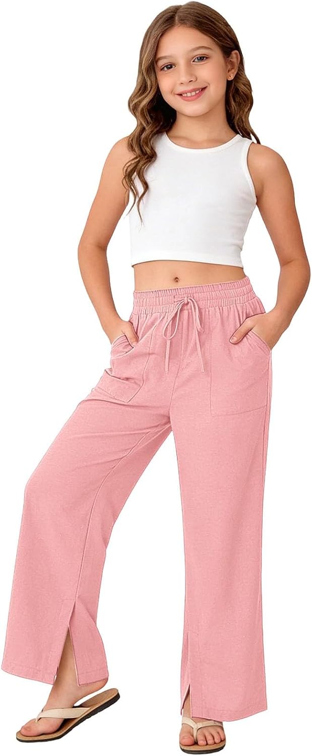 Girls Linen Pants, Kids Summer Lightweight Trousers with Pockets, Elastic Waist Straight Leg Casual School Uniform Pants