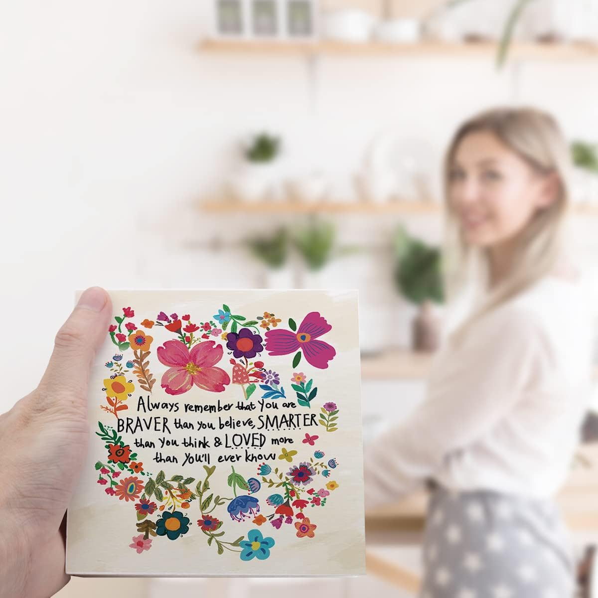 Always Remember You are Braver Than You Believe Colorful Flowers Wooden Sign Desk Decor, Inspirational Positive Wood Block Sign for Home, Girls Room, Dorm, Office Desk Shelf, Table Decor - Image 6