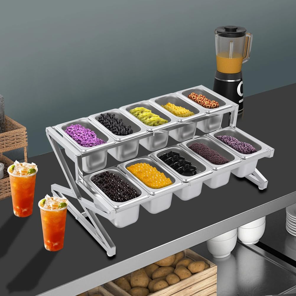 Estante de especias expandible, estante organizador de acero inoxidable de 2 niveles con 10 sartenes, tapas y cucharas para condimentos, especias y mermeladas, ajustable de 14 a 25.6 pulgadas