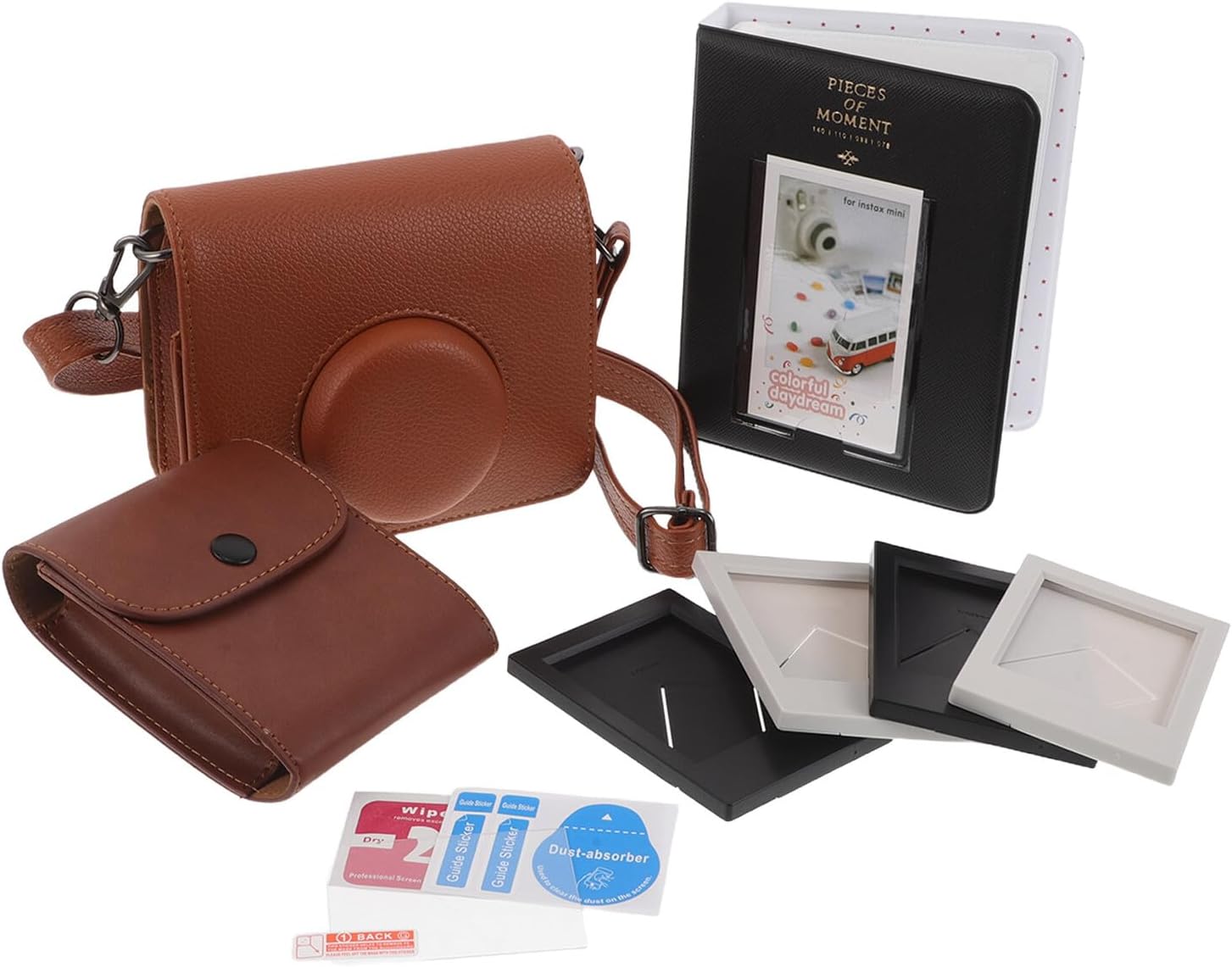 Veemoon Pu Camera Protective Case with Shoulder Strap, Mini Photo Album and Glass Screen Protector Bundle for Mini Instant Camera, Brown 5-in-1 Suitable for Travel and Everyday Carry