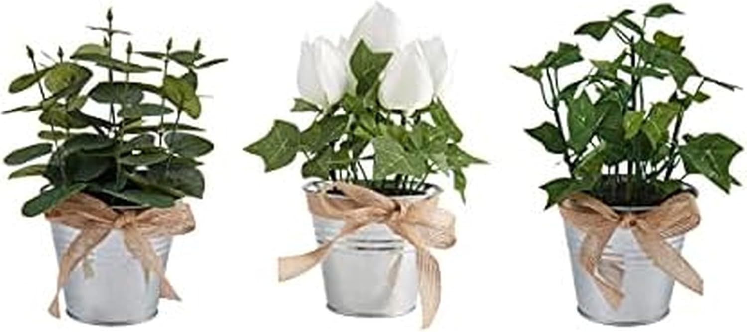 Elements Set of 3 Mini Potted Plants Artificial Lamb's ear in Pots Bathroom Farmhouse Greenery Tabletop Centerpiece Mantel Office Desk Kitchen Decor