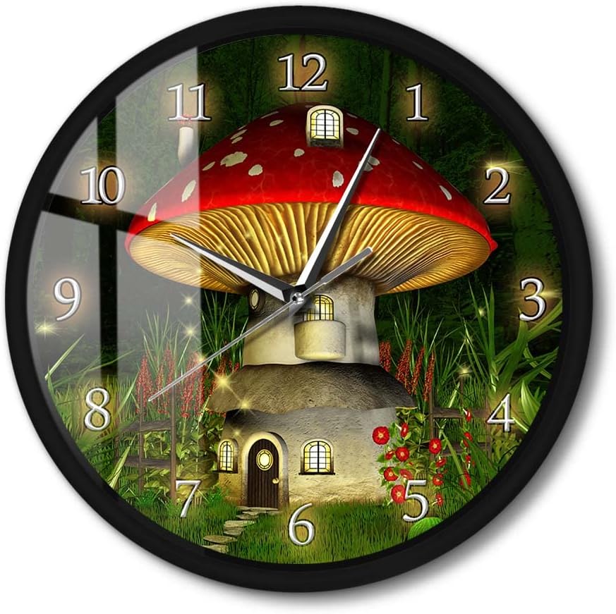 Dreamyland Mushroom House Metal Frame Wall Clock, Silent Quartz Non Ticking Battery Vintage Kids Funny Wall Clock Watch for Kids Room Fairy House Nursery Whimsical Décor Baby Gifts 12 Inch