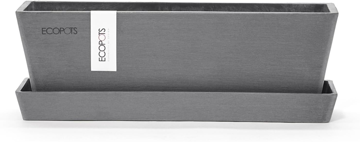Ecopots Bruges Mini Durable Modern Rectangular Indoor/Outdoor Recycled-Based Composite Flower Pot Planter with Saucer, Grey, 10"