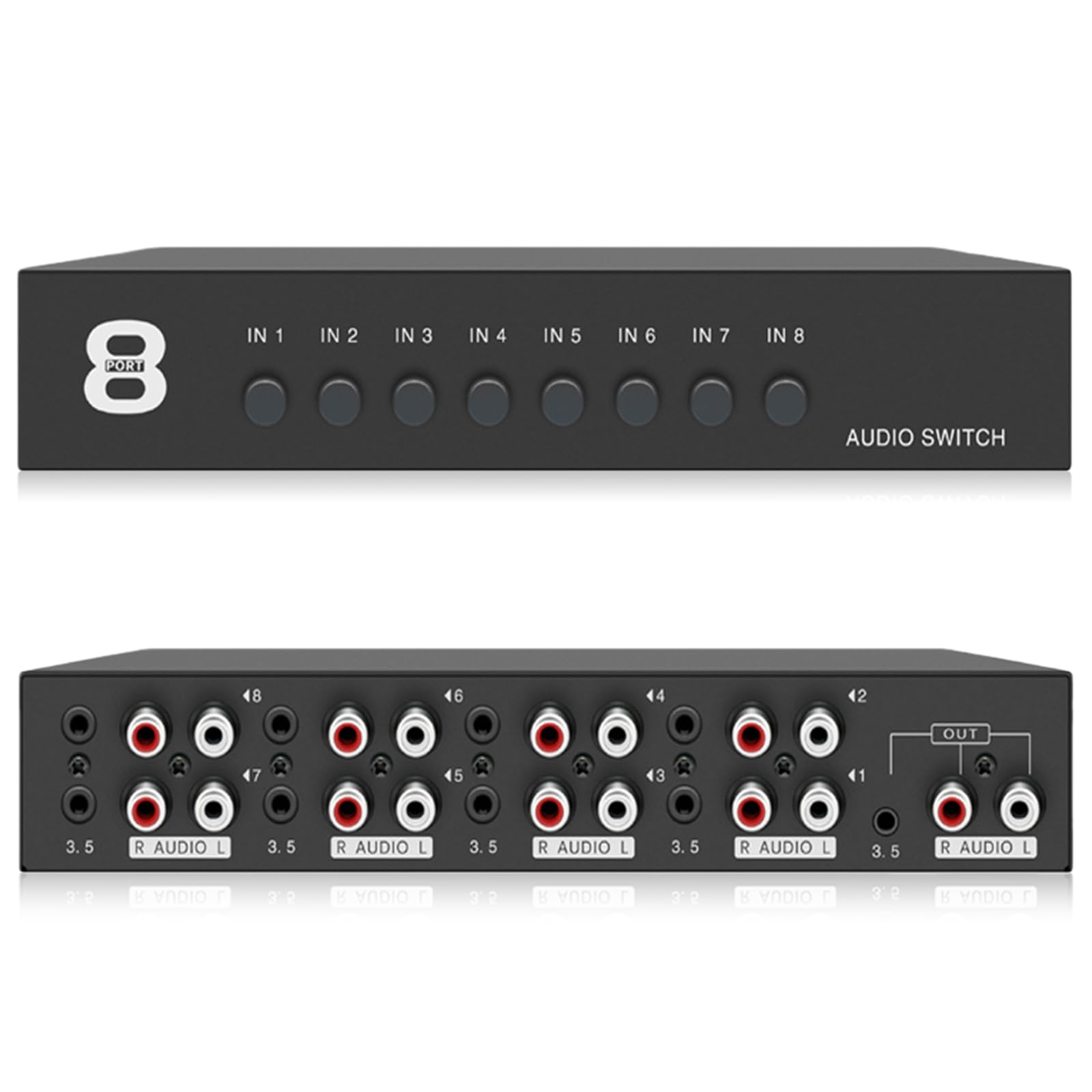 Conmutador de audio, conmutador de audio 8 en 1 salida, interruptor de audio auxiliar de 3,5 mm + RCA L/R, conmutador de audio bidireccional, caja de selección de audio, divisor de audio para