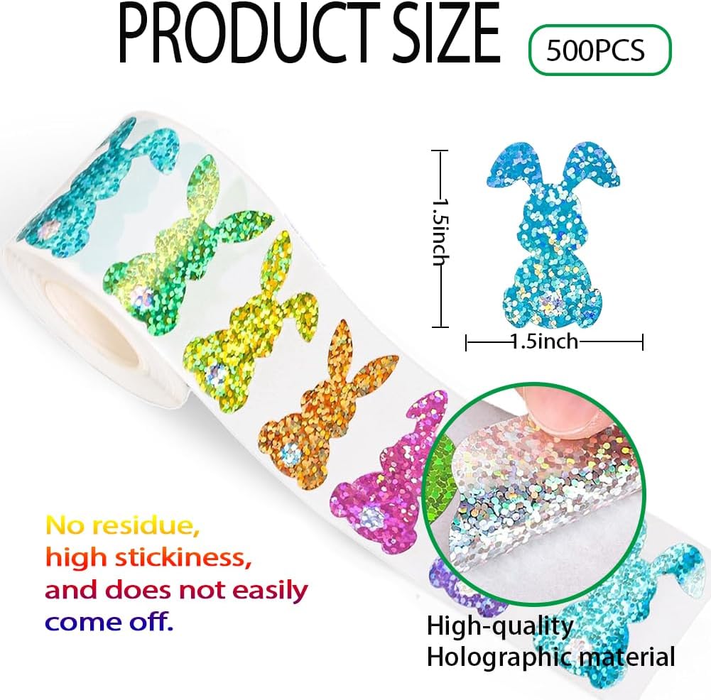 500Pcs Easter Bunny Stickers 1.5in Large Bling Sparkly Spring Happy Easter Bunny Stickers Roll 6 Colors Holographic Waterproof Self-Adhesive Rabbit Sticker for Holiday Envelopes Scrapbook Decorations