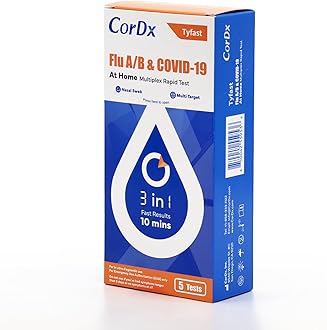 CorDx TyFast 10 Mins Flu A/B & Covid 19 Multiplex Rapid Test, Results in 10 Minutes—Precision Skip The 15 Wait, EUA Authorized, at Home 3 in 1 Combo Kit, 5 Tests, Use-Friendly & No Discomfort