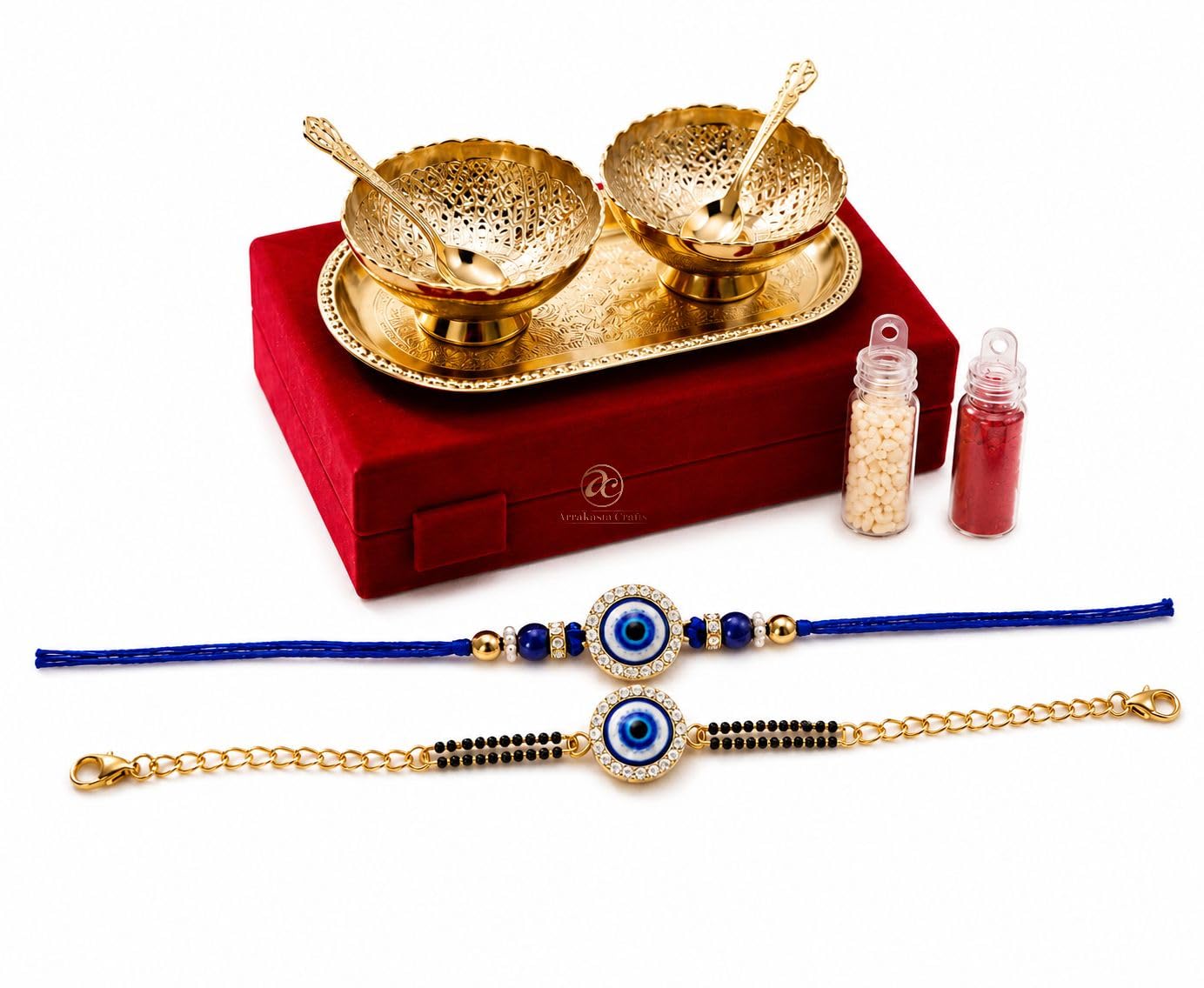 Designer Evil Eye Rakhi Gift Set With German Silver Bowl Set - 1 Tray, 2 Bowls, 2 Spoons With Red Velvet Box | Raksha Bandhan Rakhi Hamper For Bhaiya Bhabhi Brother Bhai | Premium Rakhi Gift Combo Set-image-22