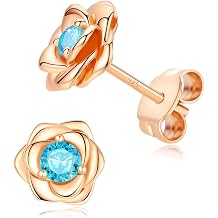 14K Gold Plated 925 Sterling Silver Post Rose Flower Stud Earrings for Women Birthstone Cubic Zirconia Studs Earrings Hypoallergenic & Nickel Free Jewelry