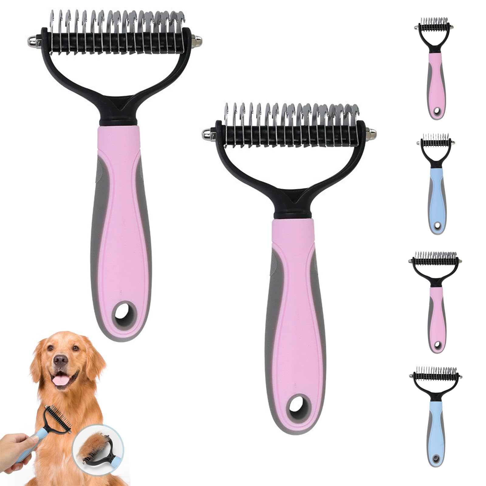 Double Sided Pet Grooming Brush for Dogs and Cats, Deshedding Dematting Comb for Removing Loose Fur, Tangles, Knots and Undercoat, Pet Hair Removal Tool (Pink,L,2Pcs)