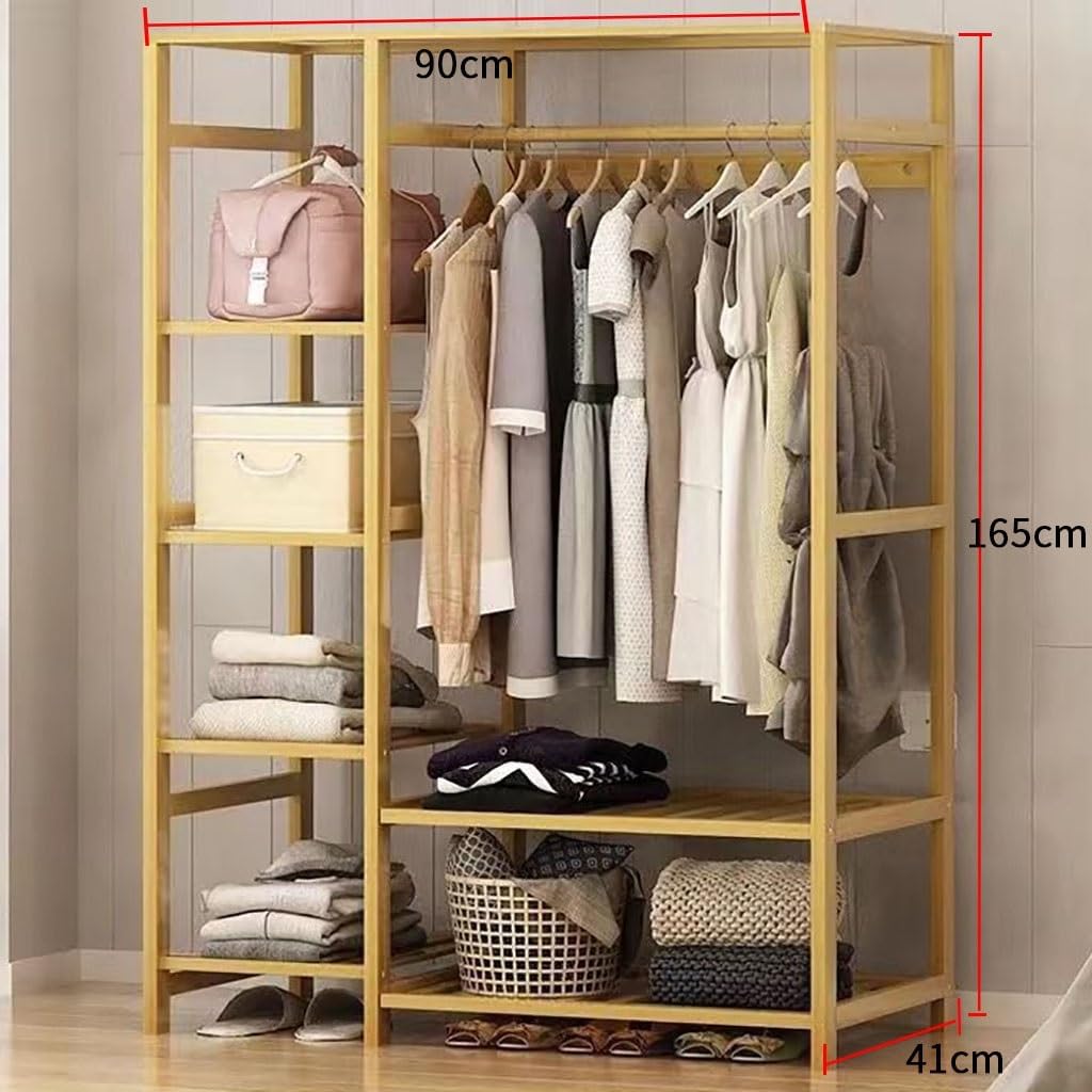Portable Bamboo Closet Clothes Organizer Wooden Garment Rack With Fabric Cover Wardrobe Coat Stand With Storage Shelves For Bedroom (Color : Light Blue, Size : 90x41x165cm)