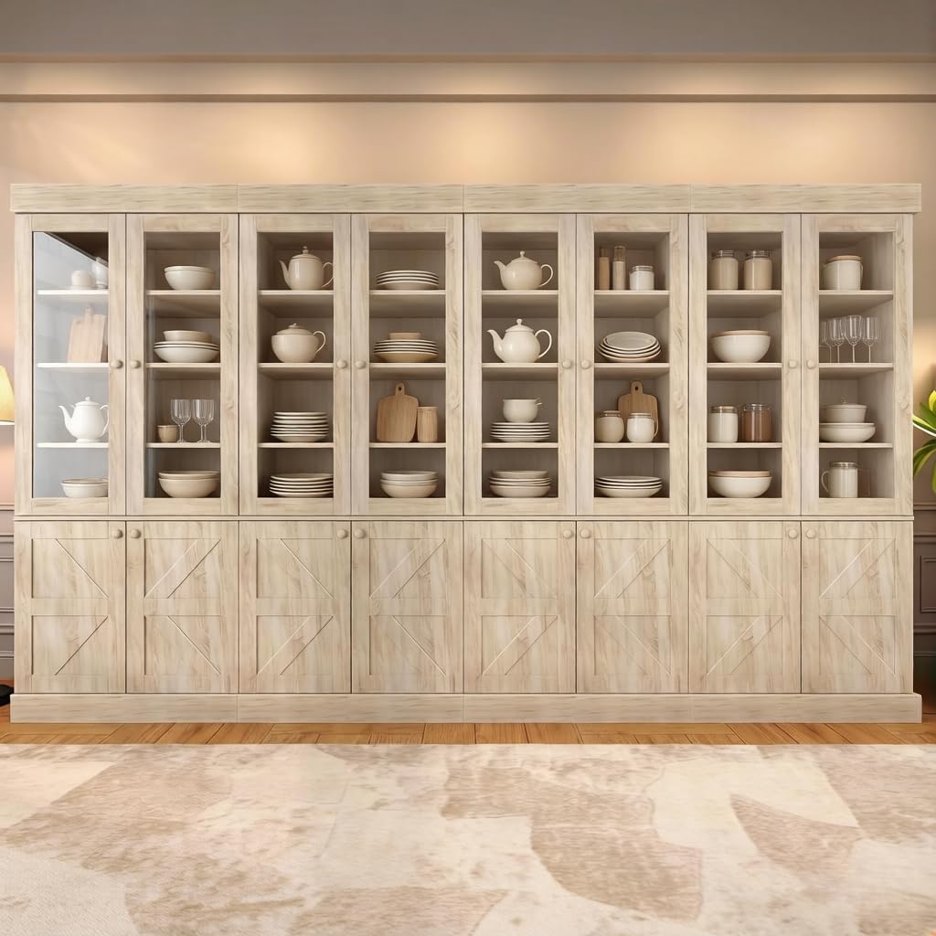 Vyre 71" Tall Farmhouse Kitchen Pantry, Set of 4 Large Storage Cabinets with Glass Doors, Adjustable Shelves, Wood Versatile Hutch Cabinet for Living Room, Dining Room, Brown