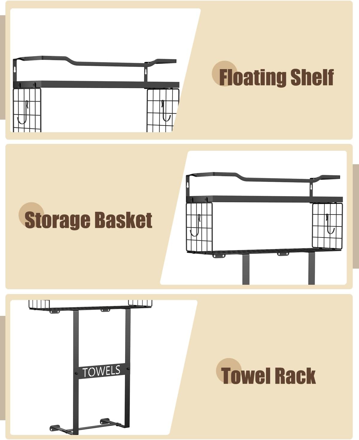 Wall Mounted Towel Rack for Bathroom - Bath Storage Holder Set Above Toilet, Rolled Towel Shelf Organizer, Wood Vertical Rack for Small Bathroom Decor, Black - Image 5