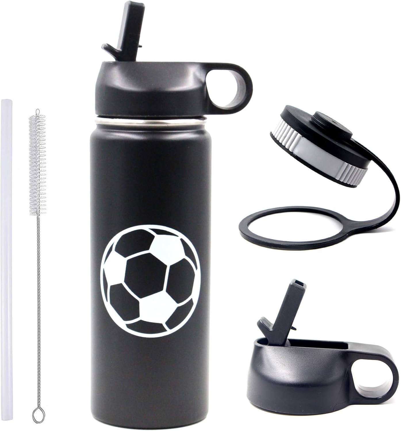 18 oz Soccer Water Bottle with Straw, Sports Flask Metal Travel Tumbler with 2 Lids, BPA Free Stainless Steel Double Wall Vacuum Insulated Leak Proof Thermo Water Bottles, Soccer Gifts for Boys Girls