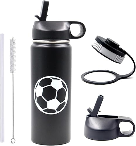 Miniatura 8 de Botella de agua de fútbol americano de 12 onzas con pajilla, termo deportivo de metal de viaje con 2 tapas, acero inoxidable de doble pared con