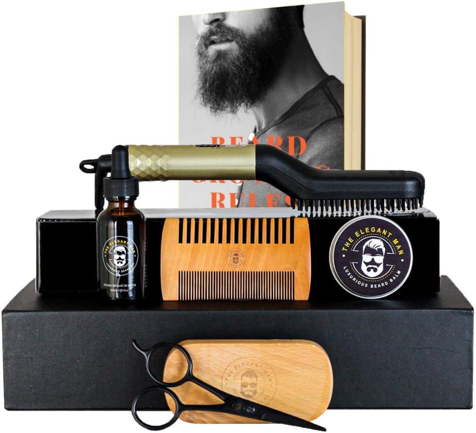 The Elegant Man Beard Straightener Kit for Men - Includes Anti-Scald Straightener - Beard Balm, Unscented Growth Oil, Wooden Comb, Styling Brush and Mustache Scissors