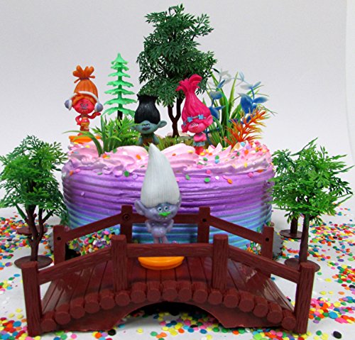 Trolls Themed Birthday Cake Topper Set Featuring Poppy & Friends Figures and Decorative Themed Accessories
