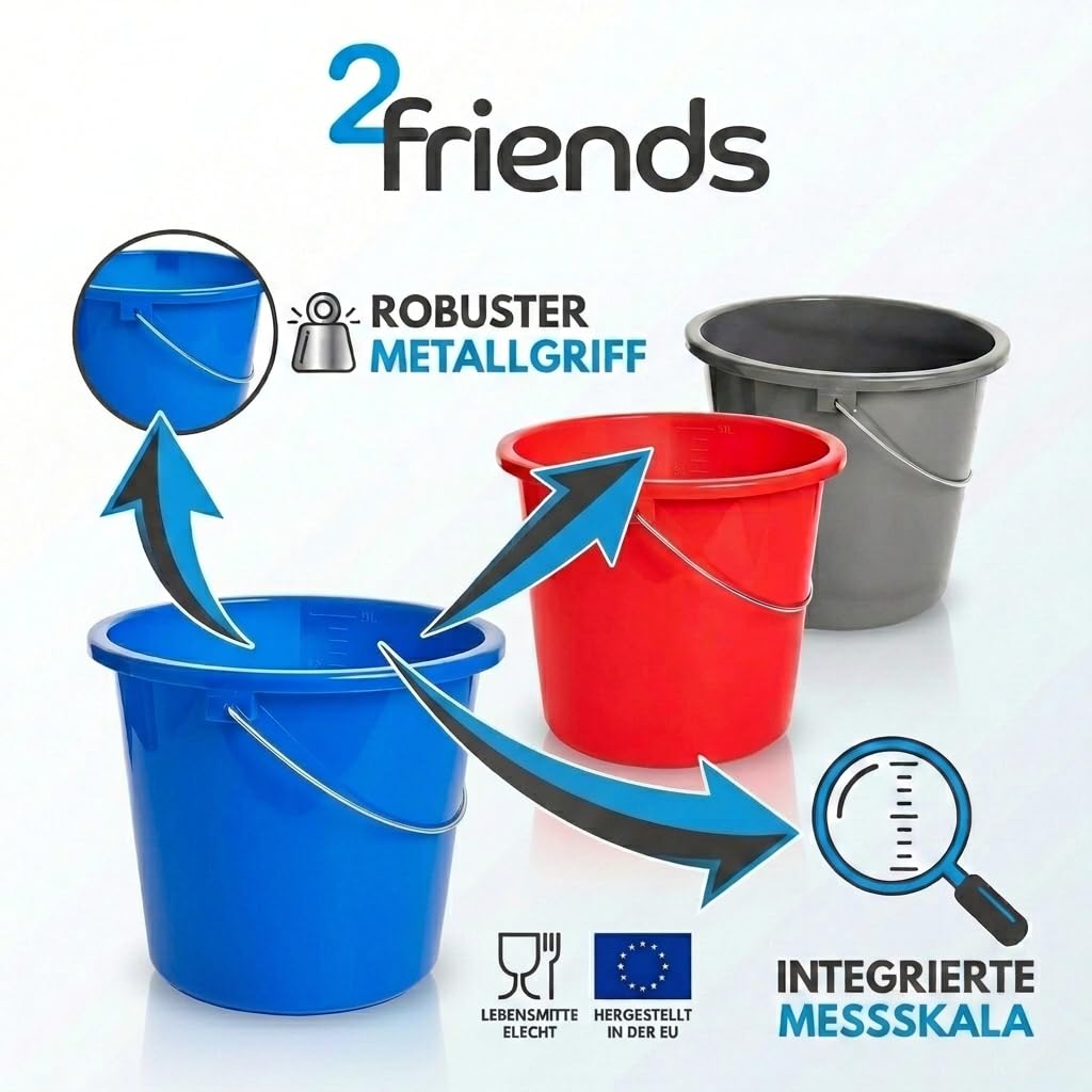 Sustania Juego de 3 cubos de 10 l con escala de medición, cubo de limpieza en rojo, azul, gris, fabricado en la UE, apto para alimentos, multiusos, plástico