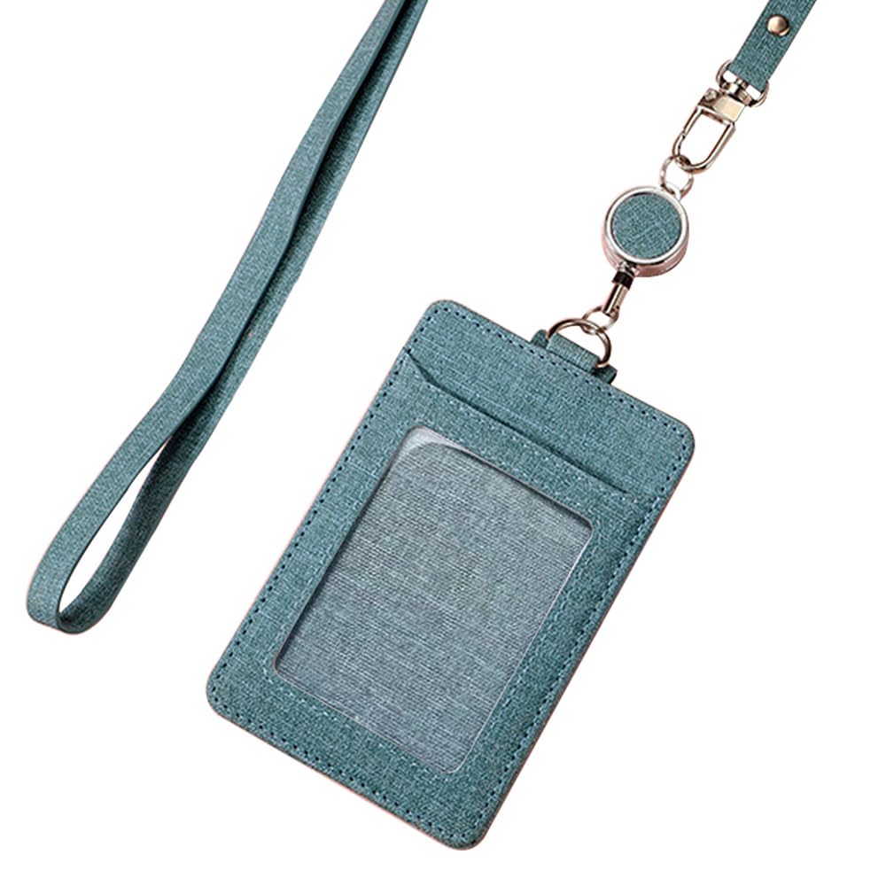 Larpur Vertical ID Badge Holders PU Leather ID Card Holder Detachable Neck Lanyard and Retractable Reel with 1 Clear Window & 2 Card Slots (Lake Blue)