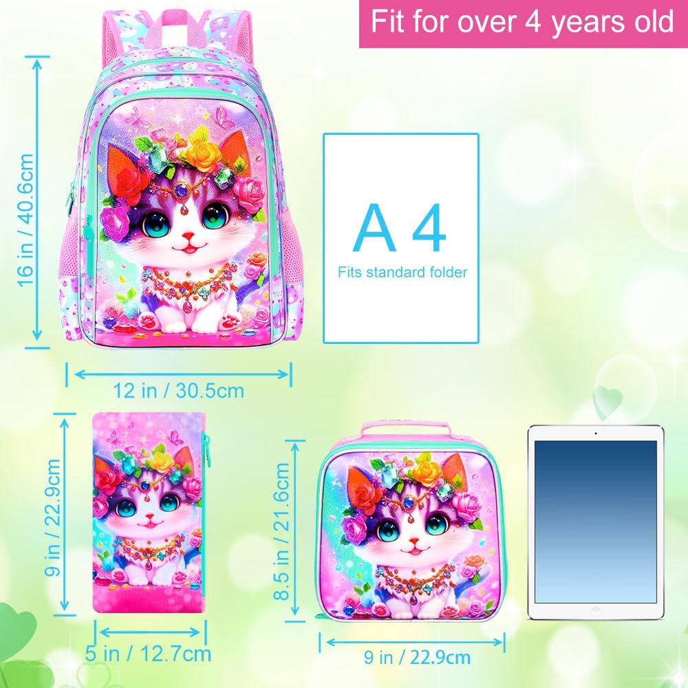 3Pcs Cat Backpack for Girls, 16" Kids School Backpacks with Lunch Box, Bookbag for Elementary Preschool Kindergarten(Pink) - Image 5