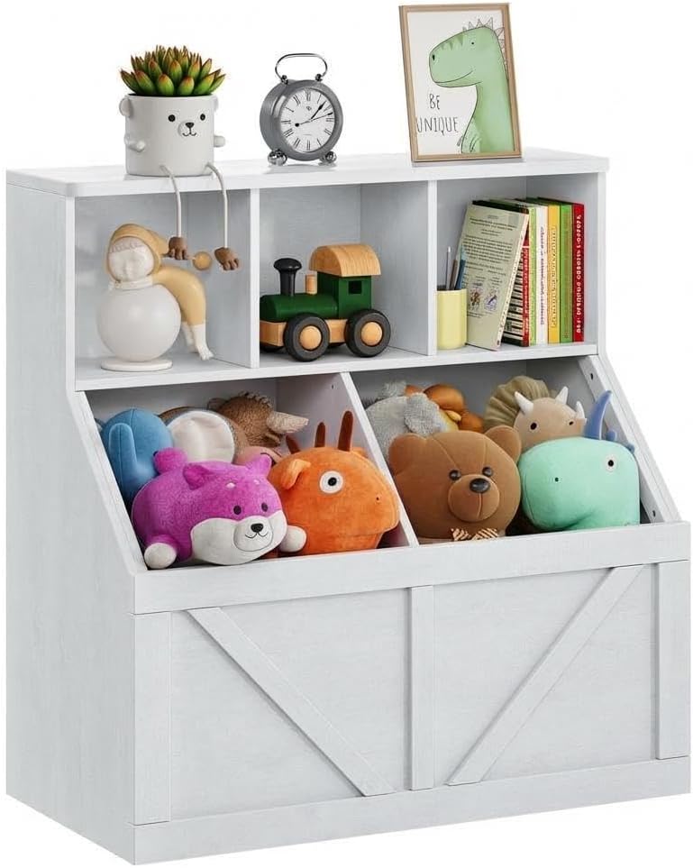 Kids Bookshelf and Wooden Toy Storage Organizer, Kids Toy Storage Cabinet for Kids Rooms, Playroom, Bedroom, Nursery, Daycare, Living Room, Easy to Assemble, Antique White