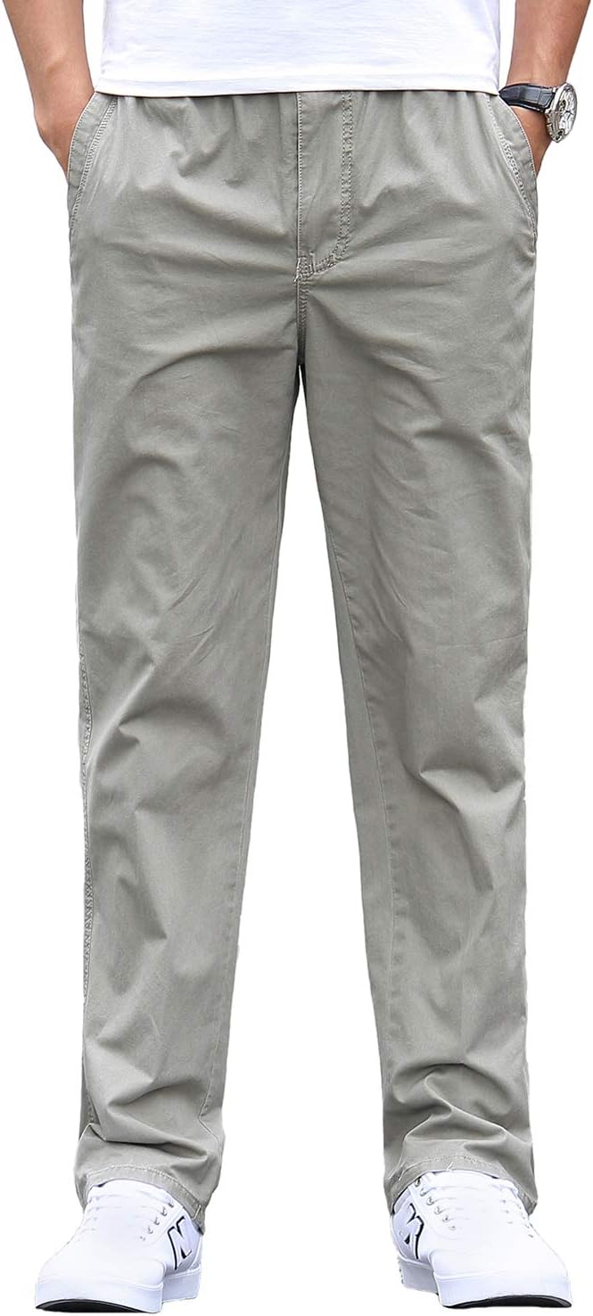 Gmardar Mens Smart Casual Chino Cotton Elasticated Waist Loose Fit Pants, Light Gray, XX-Large