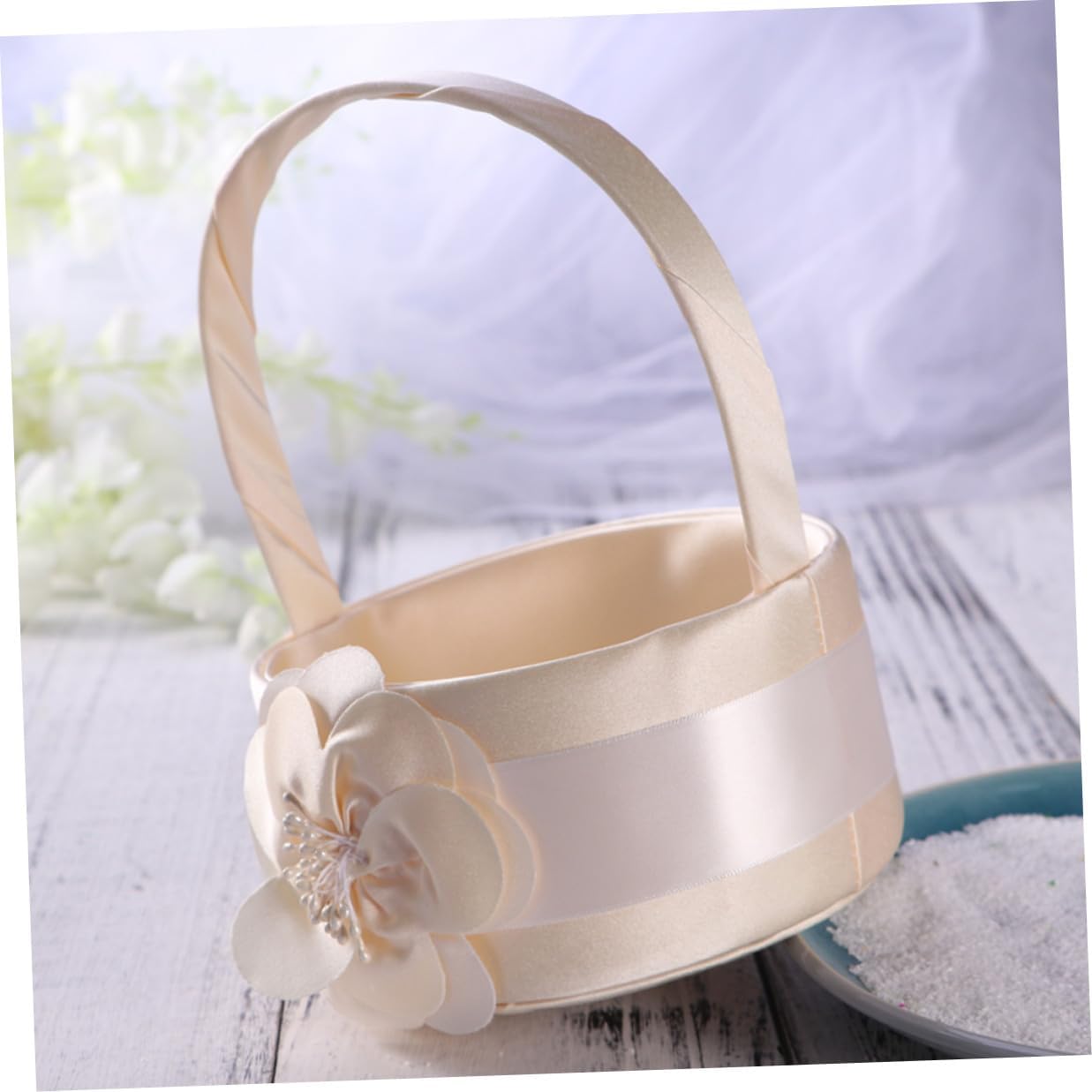 Vaguelly Satin Flower Girl Basket for Weddings 2pcs Handheld Flower Basket with Floral Design