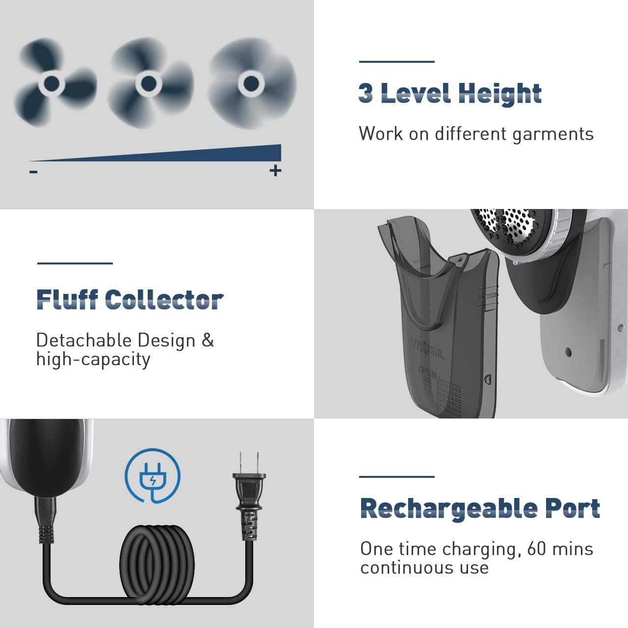Clothes Lint Remover, VIVREAL Rechargeable Fabric Shaver with Adjustable Shave Height, Portable Electric Sweater Shaver, Quick & Safe Lint Shaver for Pill Fuzz Fluff Bobbles on Clothes Carpets