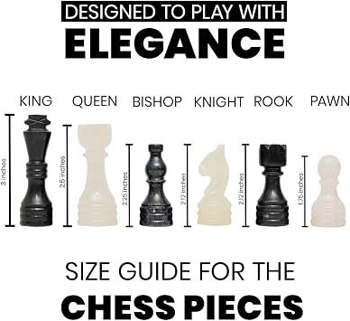 Handcrafted Premium Marble Chess Pieces Set Elegant 32-Piece Replacement for 12-15 Inch Chess Boards Storage Box (Black and Onyx)