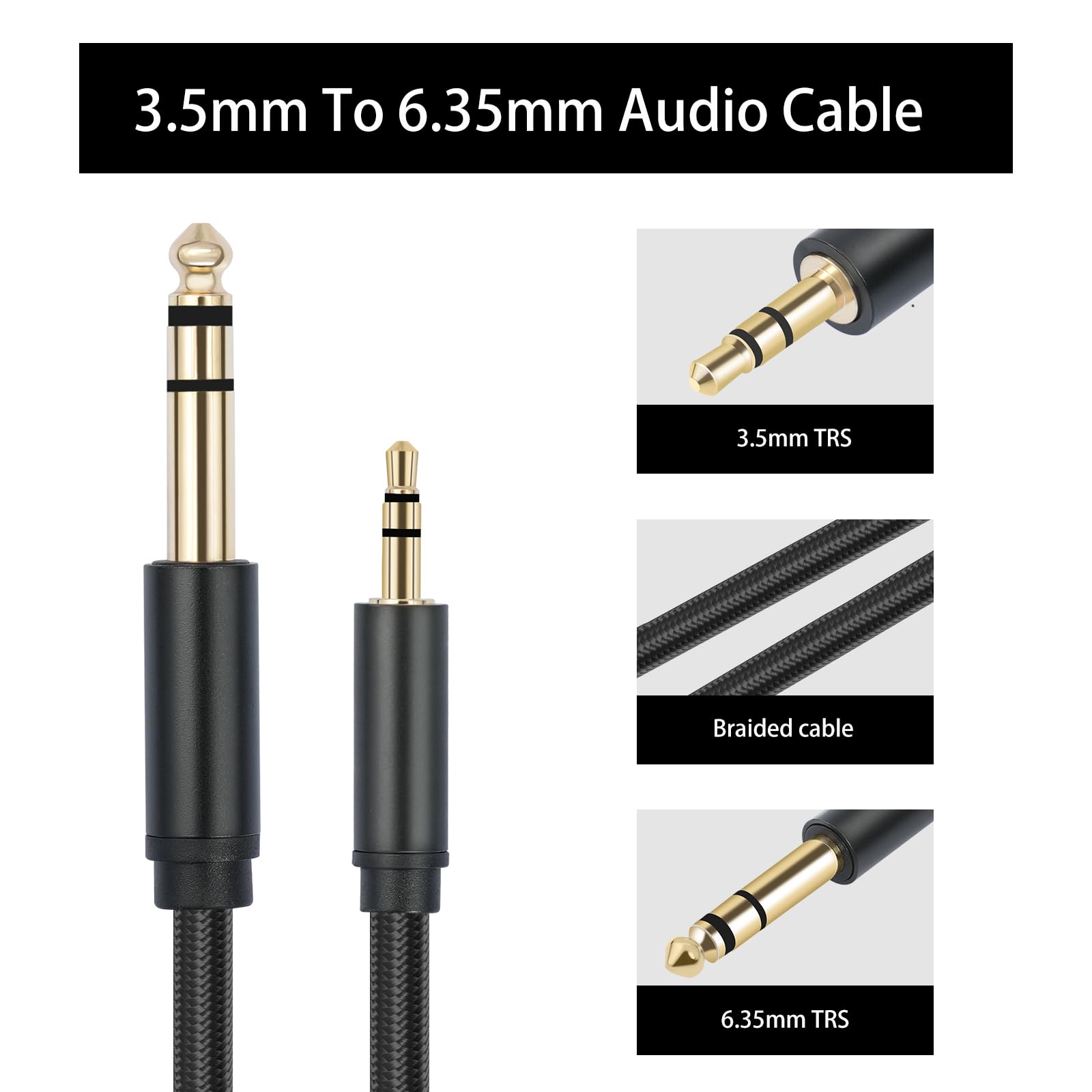1/8 auf 1/4 Stereo-Kabel, 3,5 mm TRS auf 6,35 mm Audiokabel, Gitarren-auf-AUX-Stecker, Kabel mit Zinklegierungsgehäuse und Nylongeflecht für Gitarre, Laptop, Heimkino-Geräte, Lautsprecher und