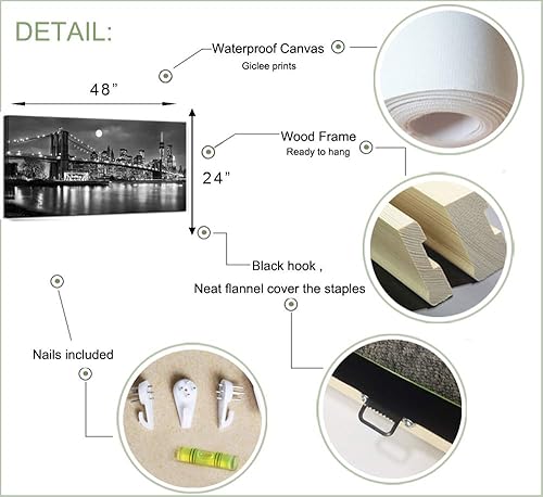 Miniatura 6 de LevvArts - Lienzo de Nueva York en blanco y negro con imagen del puente de Brooklyn, arte de pared, noche de luna llena, póster de la ciudad de