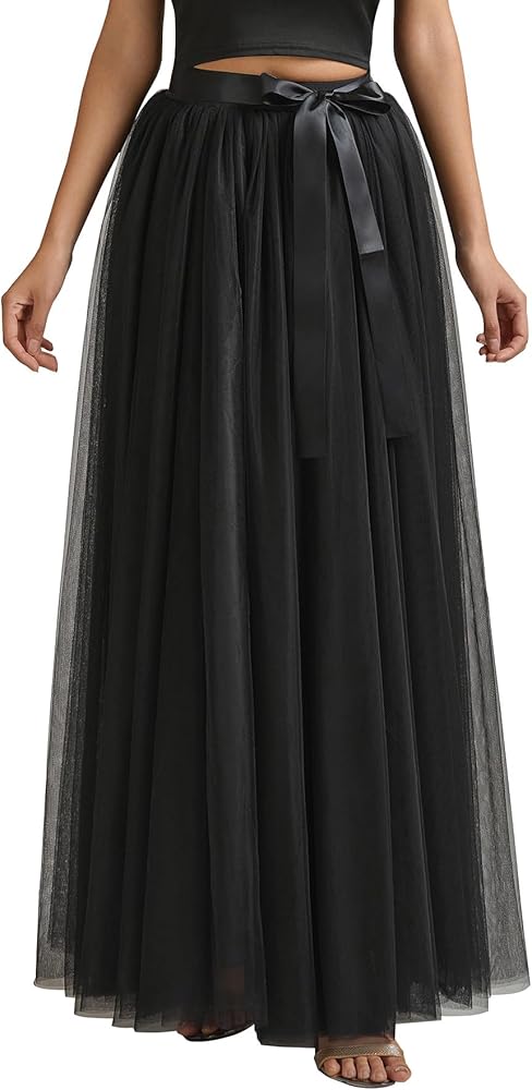ELAWBTY A line Tulle Skirt Long Maxi for Party Prom Black S M at