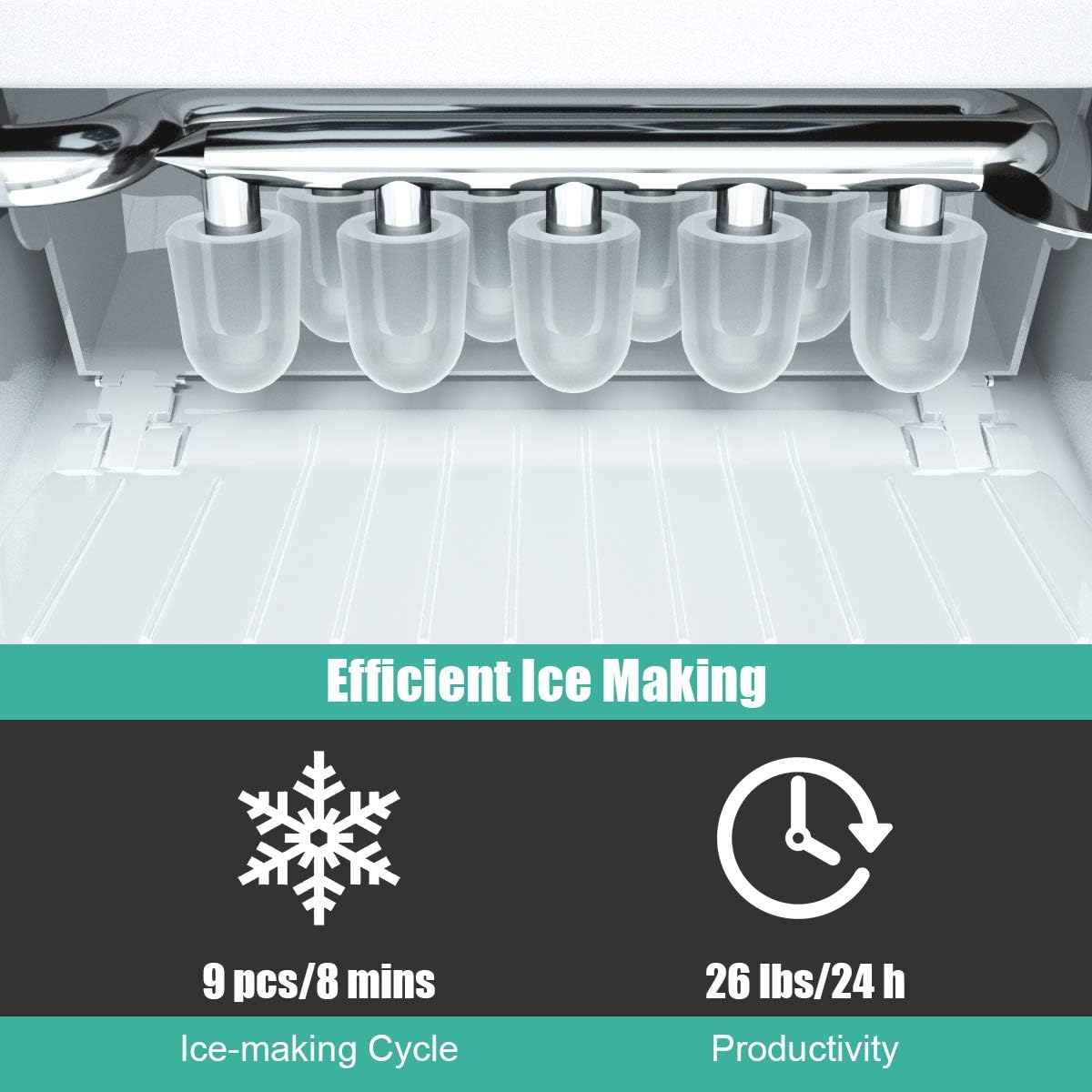 Rainfally Portable Ice Maker for Countertop, 26LBS/24H Electric Making Machine w/Scoop, Removable Basket, Bullet Cubes Ready in 8 Mins, Upright Home, Office, Party, Dorm, 12' x 9' x 12'