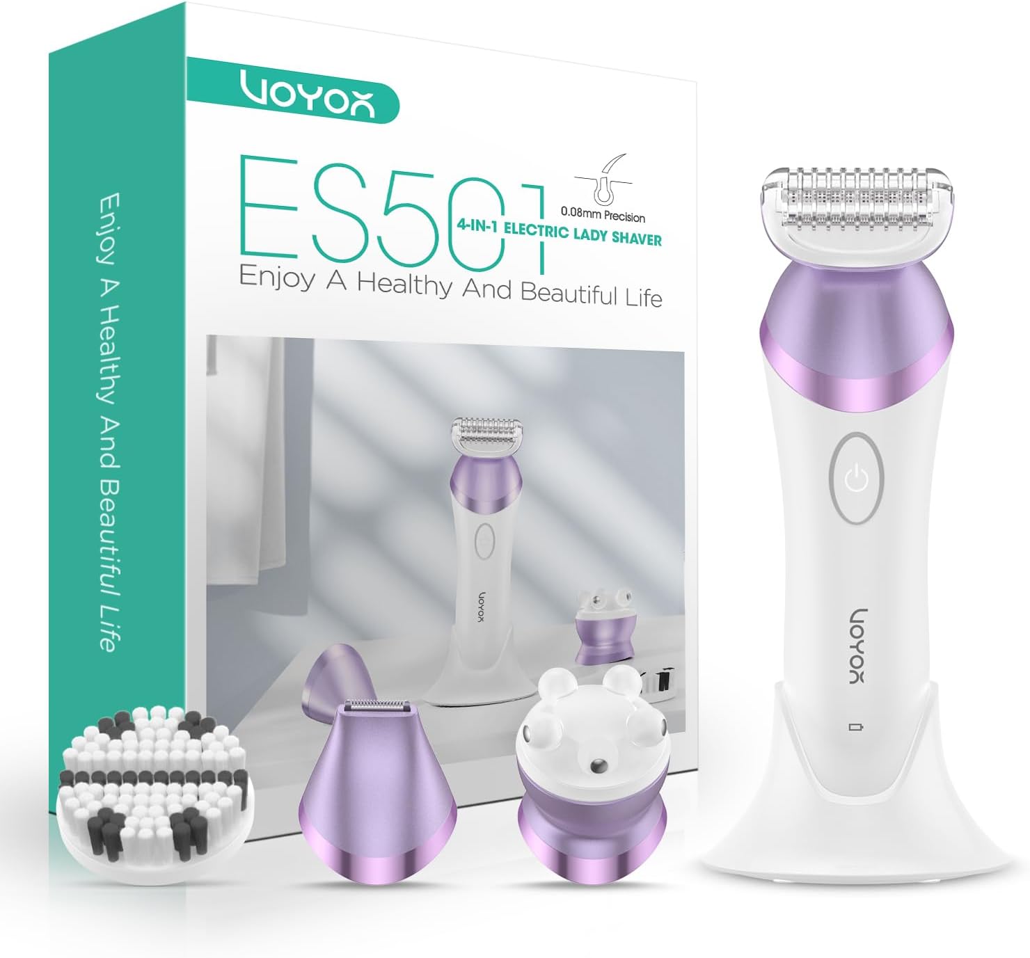 Lady Shavers for Women Bikini Trimmer 4 in 1 Cordless Electric Razor Rechargeable Wet & Dry Lady Shaver with 2 Speeds for Full Body, Pubic Hair Trimmer,Cleansing,Massage ES501 (Purple)